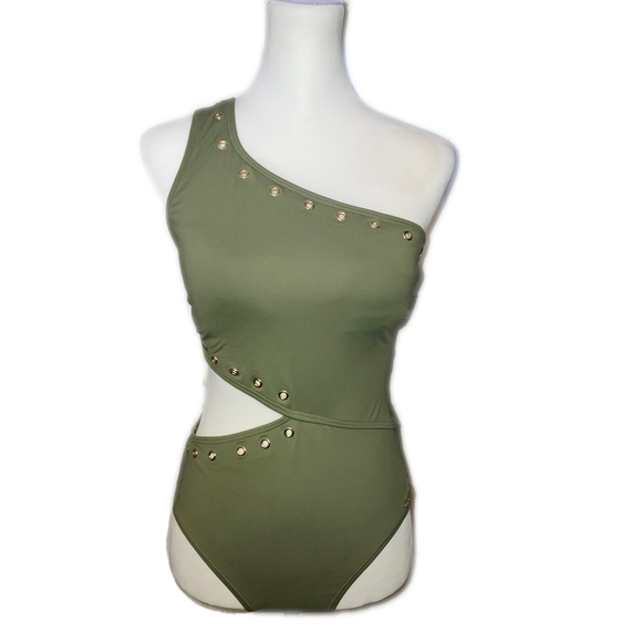 Michael Kors Olive and Gold Detail Swimsuit, 10 - Picture 1 of 12